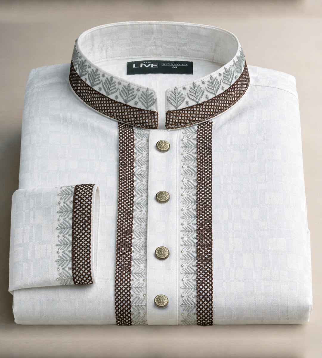 Men's Premium Cotton Regular-Fit Panjabi with Patterned Mandarin Collar and Cuffs – Minimalist Ethnic Tunic