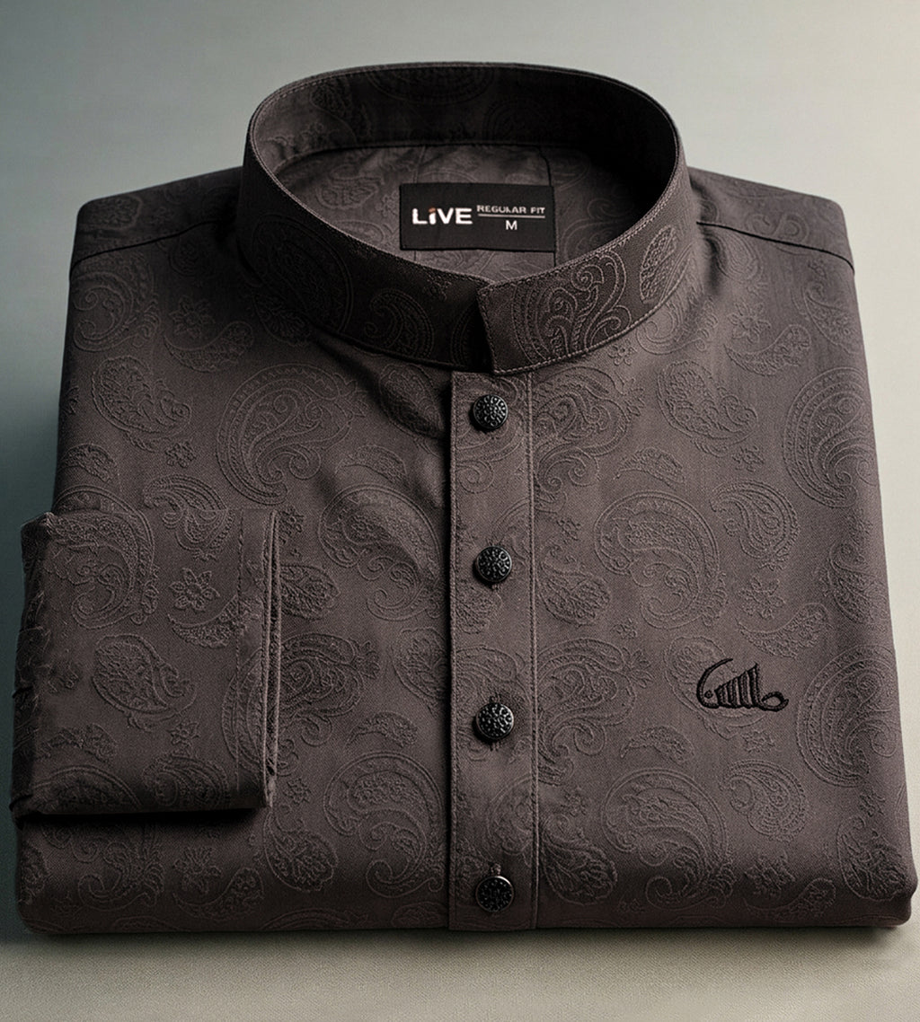 Men's Regular Fit Paisley-Textured Panjabi with Mandarin Collar