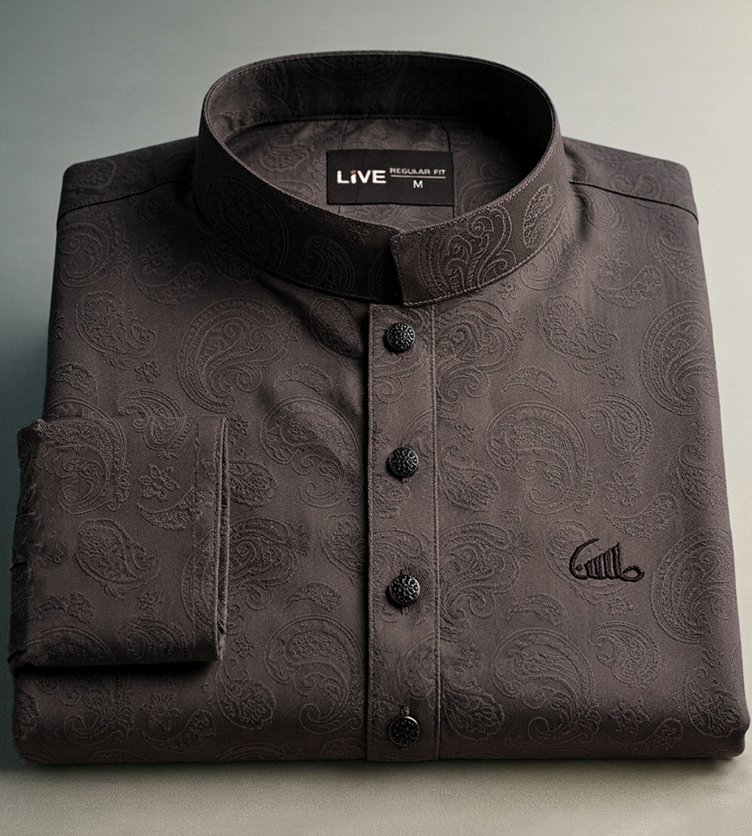 Men's Regular Fit Paisley-Textured Panjabi with Mandarin Collar